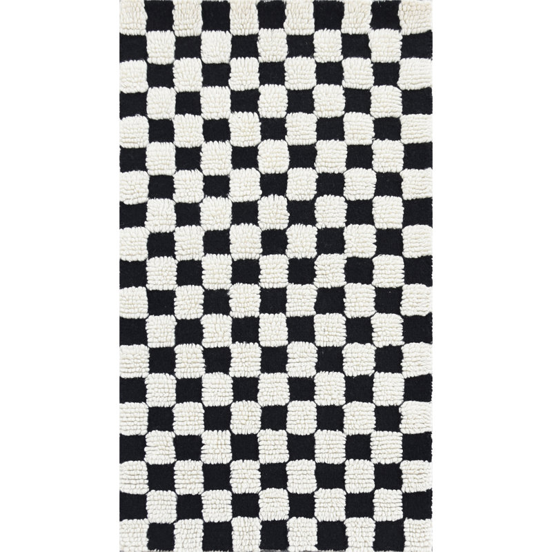 Handmade Black and White Wool Tufted Checkerboard Rug