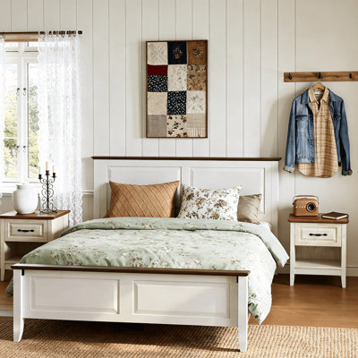 Farmhouse Bed Frame, Bedframe with Headboard and Footboard, Wooden Bed Frame with Wood Slats, Rustic White Platform Bed Frames Queen Size, No Box Spring Needed