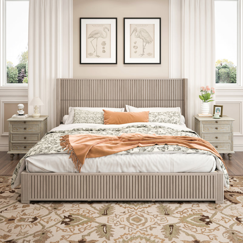 Structure de lit plateforme en bois massif avec tête de lit, aucun sommier nécessaire, Beige