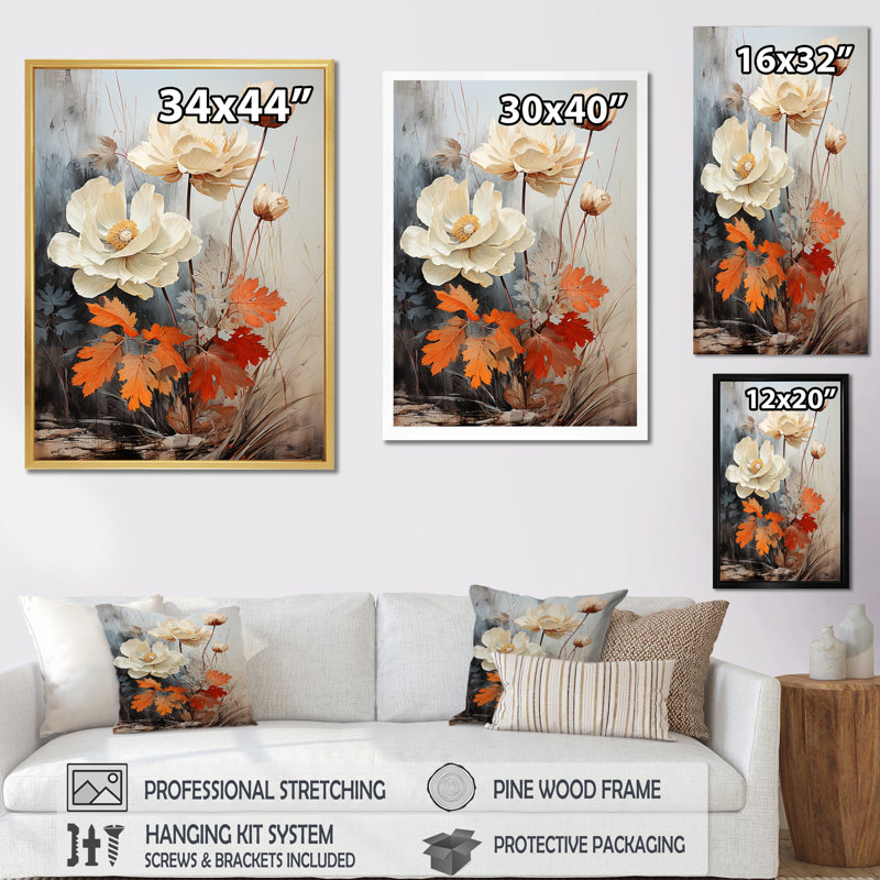 «White and Orange Vintage Dreamscape Botanicals», reproduction sur toile, Cadre simple noir, H 40 po x l 30 po x P 1,5 po