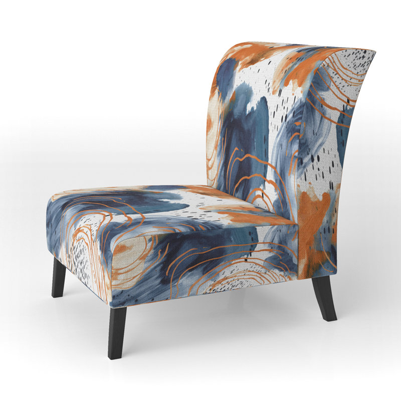 Abstract Pattern With Blue & Golden Textures II - Upholstered Wide Slipper Chair, Orange/Blue/White