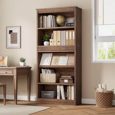 71 Inch Farmhouse Bookcase with Double Fluted Design, 5-Tier Tall Wooden Bookshelf with Sturdy Base
