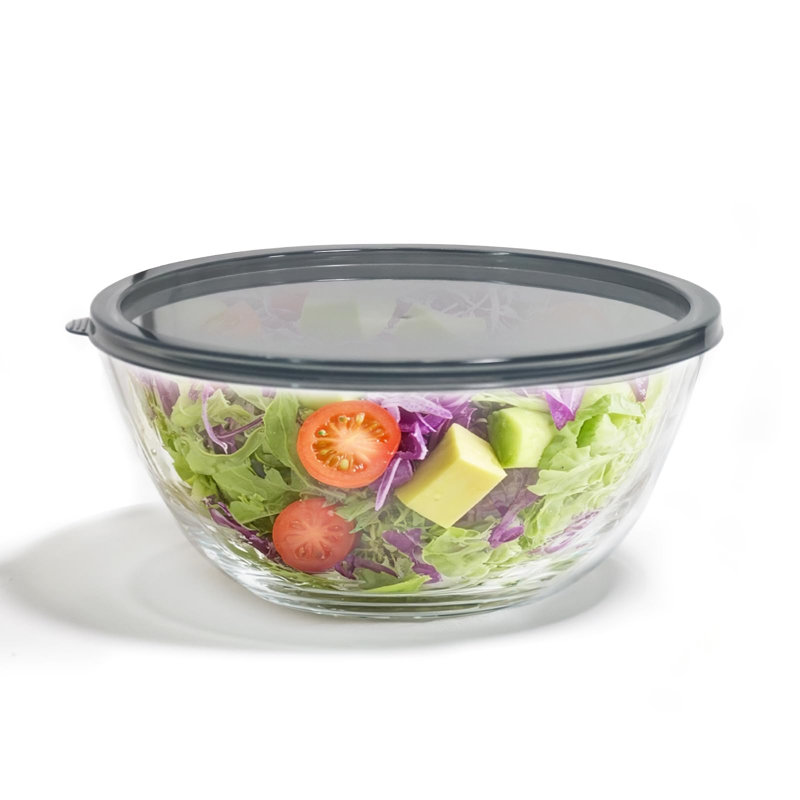 Bol en verre avec couvercle, grand bol à mélanger en verre pour le rangement de pain de salade de cuisine au levain, (gris)