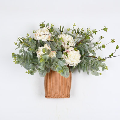 Arrangement floral de pivoines artificielles printemps-été pour porte d'entrée murale, centre de table en eucalyptus verdoyant pour bureau de mariage