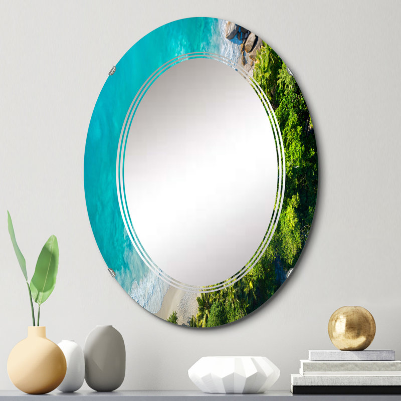 Turquoise plage tropicale vue aérienne IV - miroir mural nautique et côtier ovale, 30 po x 20 po