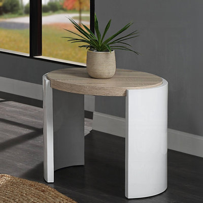 Élégante table de bout ovale avec finition lustrée et chêne - Base de traîneau moderne