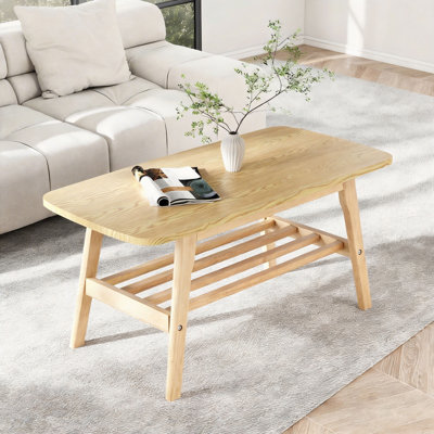 2-Tier Solid Wooden Coffee Table With Storage Shelf, Rectangular Home Dining Table