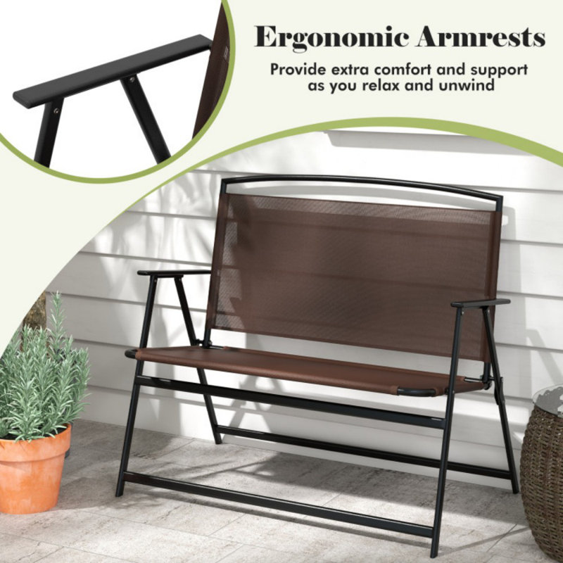 Brown Metal Foldable 2-Person Outdoor Garden Bench with Backrest and Armrests