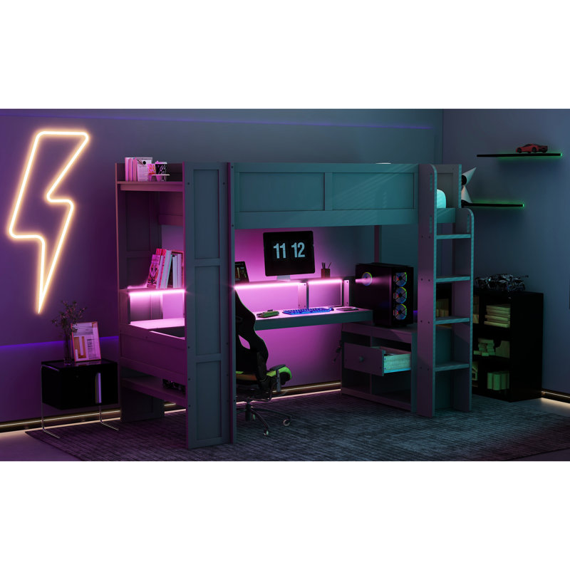Lit mezzanine simple avec bureau en bois et rangement multiple, DEL, station de charge - bureau gris foncé, DEL