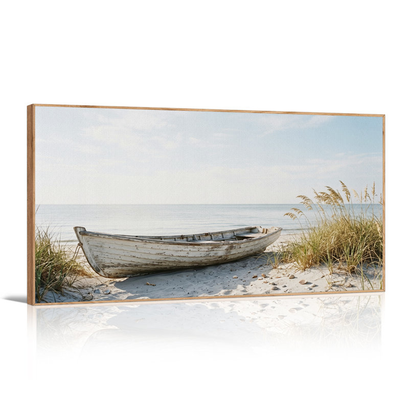 Weathered White Boat on Sandy Beach Canvas Wall Art