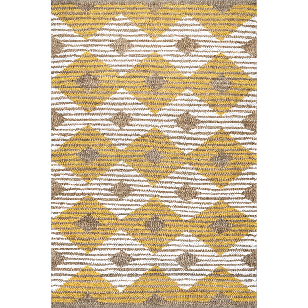 Geometric Hand Braided Jute/Cotton White/Brown Area Rug Foundry Select Rug 