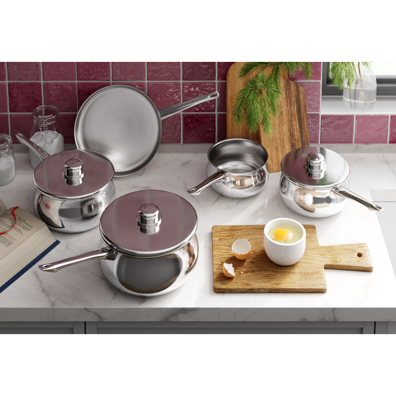 Stellar 1000 Set of 5 Stainless Steel Deep Saucepans, 14/16/18/20cm Pans with 24cm Non-Stick Fry