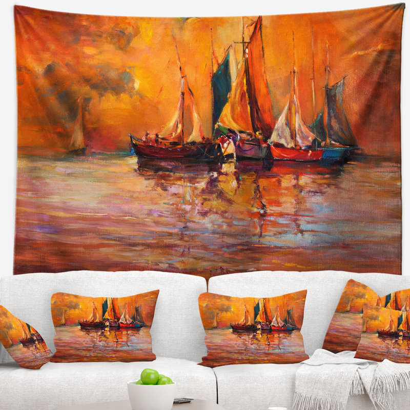 Paysage marin et océan en tapisserie rouge, H 68 po x l 80 po