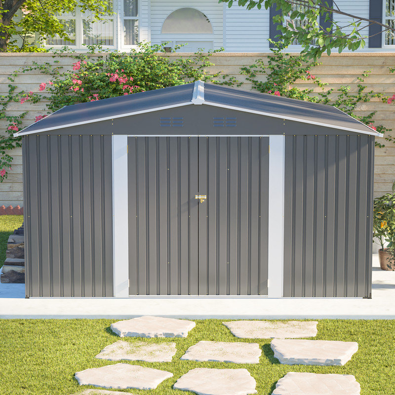 Remise de rangement extérieure en métal 12 po x 14 pi, grande remise à outils de jardin avec portes doubles verrouillables, bâtiment de jardin imperméable, gris clair, convient au rangement d'outils de patio, de cour et de jardin