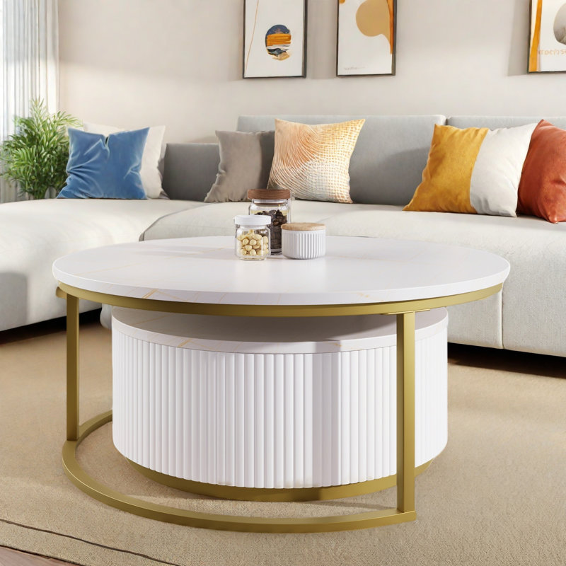 Table basse gigogne moderne avec motif cannelé, 1 tiroir et pieds en métal, Blanc