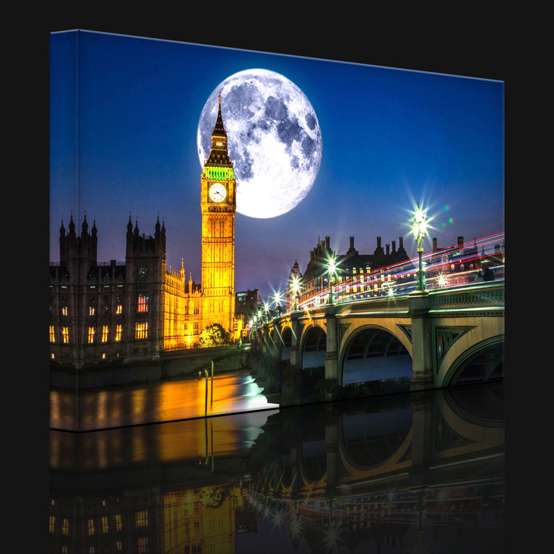 Big Ben In Front Of Big Moon In London by No - Wrapped Canvas Print, 40cm H x 60cm W x 4.5cm D, With lighting