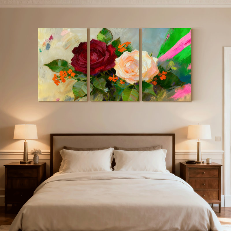 Ensemble de 3 reproductions d'art sur toile, roses et feuilles vertes, H 30 po x l 60 po