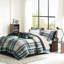 Édredon 9 pièces en microfibre avec motif écossais bleu sarcelle / noir, comprenant un édredon, 2 taies décoratives, un oreiller, un drap plat, des taies ajustées et ajustées, un ensemble de literie, un ensemble de literie, des draps unis assortis,-121170609