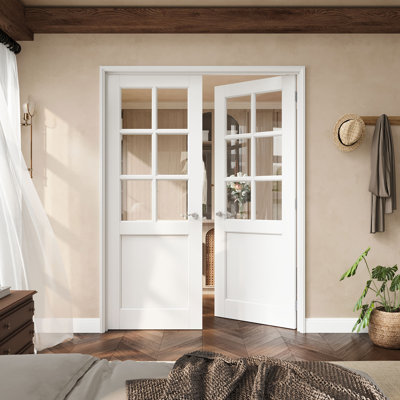 56" X 80" 6-Lite Clear Glass French Door With Silver Hinges, Clear Glass Door Slab With Frame, French Interior Door As Pantry Door, Bedroom Door, Laundry Door, Closet Doors, Room Doors, Latch & Door Lever Included