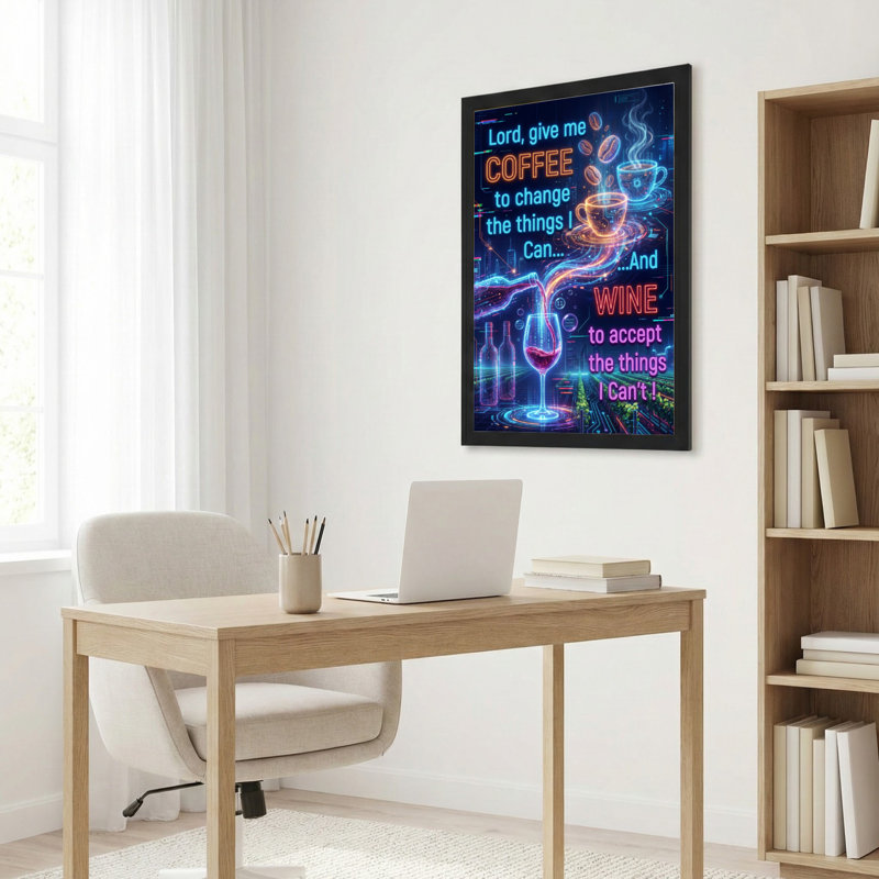 Ensemble d'une toile tendue avec citation néon sur le café et le vin, H 30 po x l 20 po