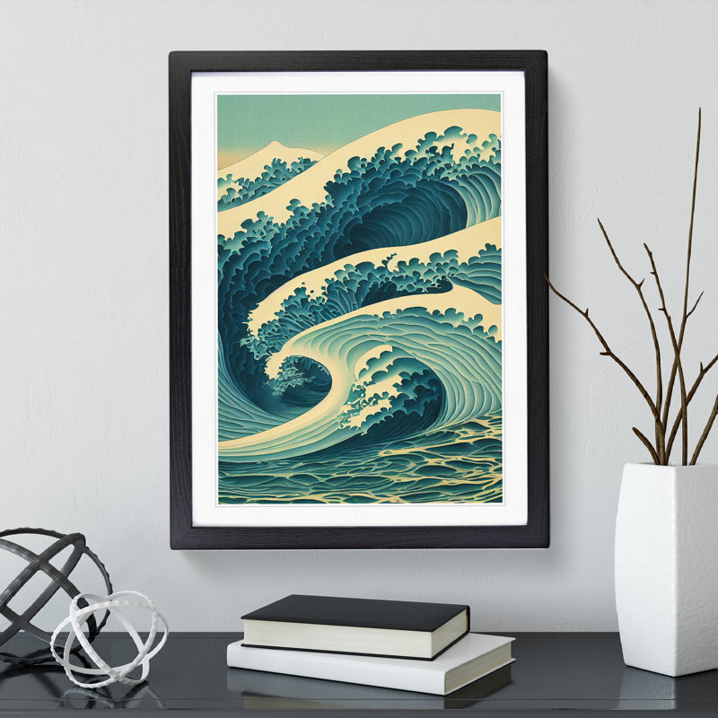 Traditional Japanese Wave No.4 - Wall Art, Black Framed, 66cm H x 48cm W, White