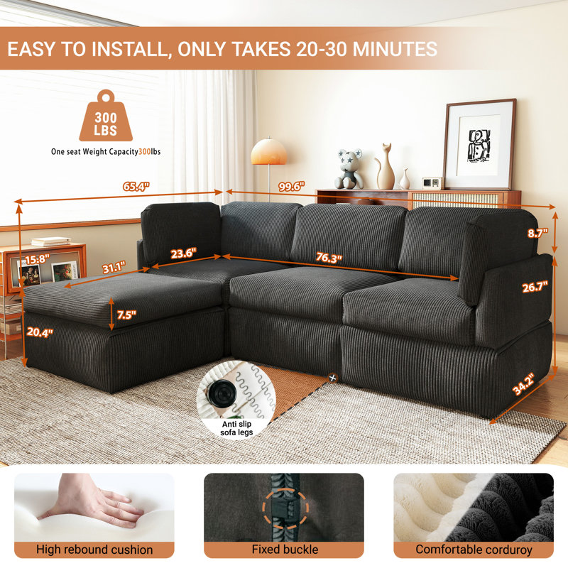 Canapé modulaire 100 po en velours côtelé de luxe surdimensionné 100 po - 4 pièces en forme de L avec repose-pieds gris foncé