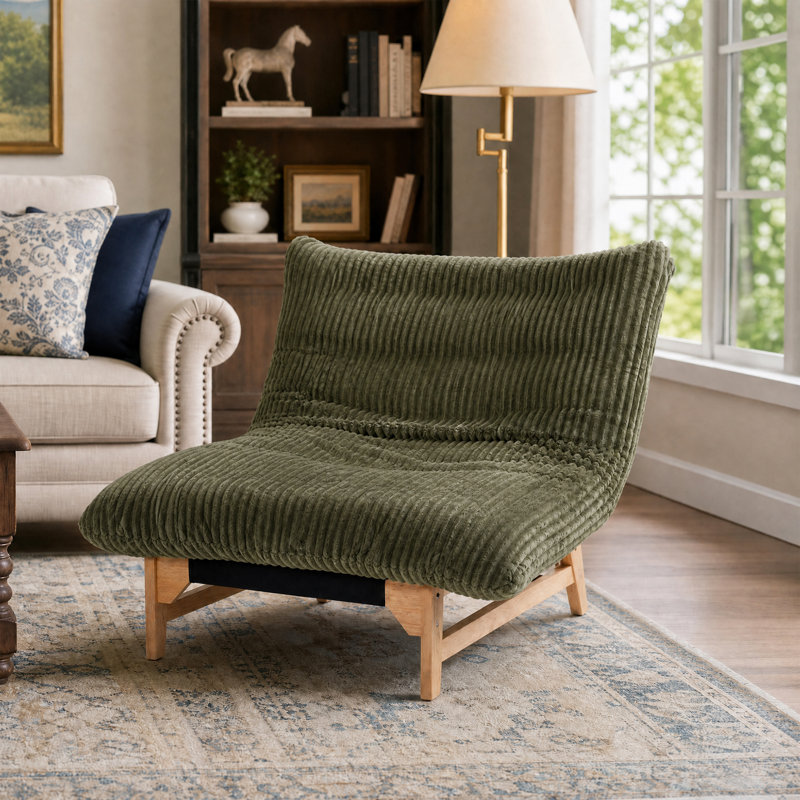 Fauteuil d'appoint rembourré sans accoudoirs en velours côtelé avec structure en bois massif Cloud-Like, Vert