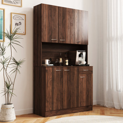 71.05" Tall Bedroom & Kitchen Cabinet, Walnut Color, 6 Doors, 1 Open Shelf, Drawer. , Easy To Clean, Ample Cabinet Space 6-Door Wardrobe With Shelf And Drawer, Walnut. Elegant Appearance, Practical