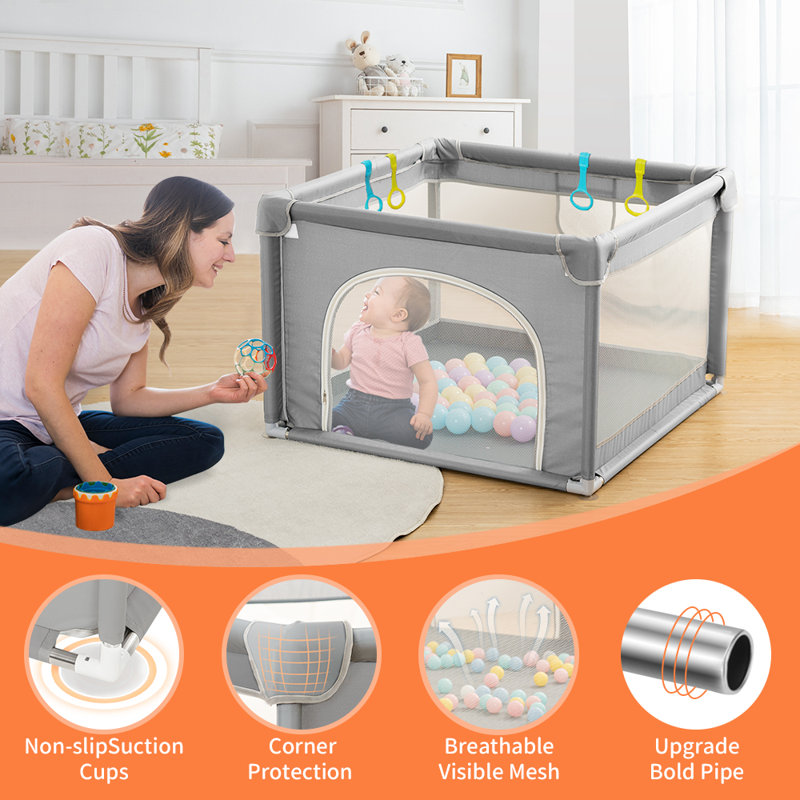 Parc pour bébé anti-chute pour l'intérieur et l'extérieur avec filet respirant, Gris clair