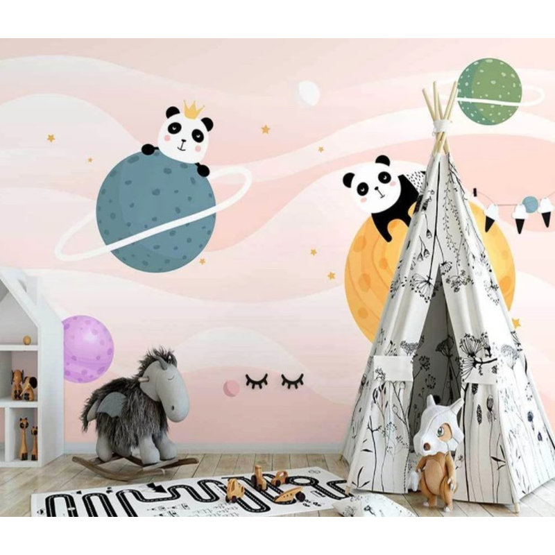 Planètes et pandas sur fond rose, L 9 po x l 15 po