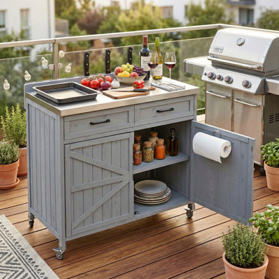 39.4" Outdoor Kitchen Island Prep Table, Stainless Steel Top BBQ Grill Cart With Large Drawer, Refrigerator-Style Door Racks & Locking Wheels