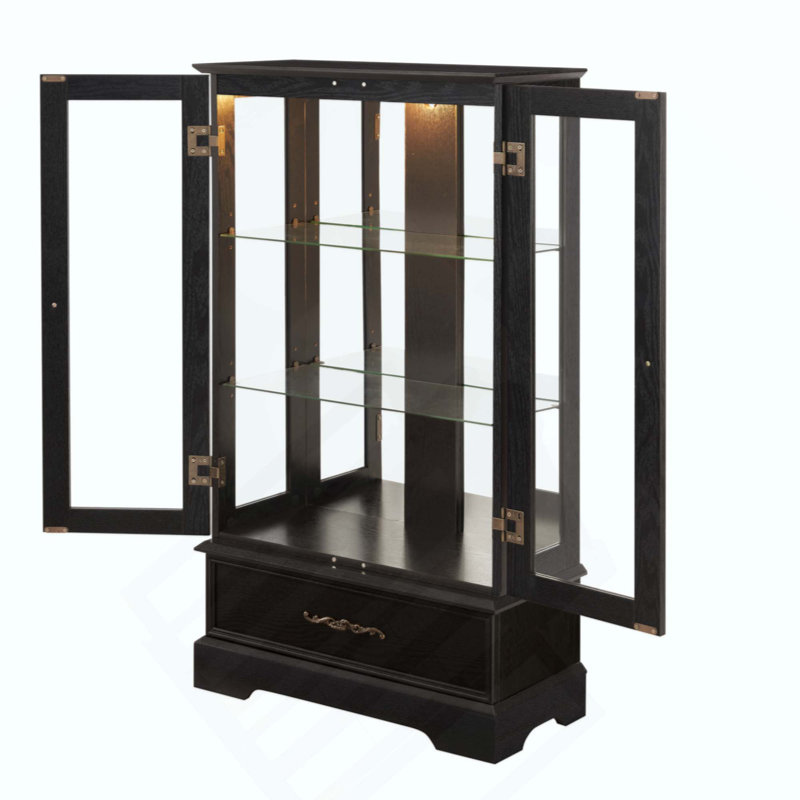 Vitrine lumineuse en verre avec tablettes réglables - Vitrine élégante à 2 portes et tiroir intégré, ampoule incluse, Noir