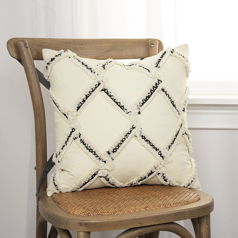 18" Cream And Black Textured Lattice Throw Pillow
