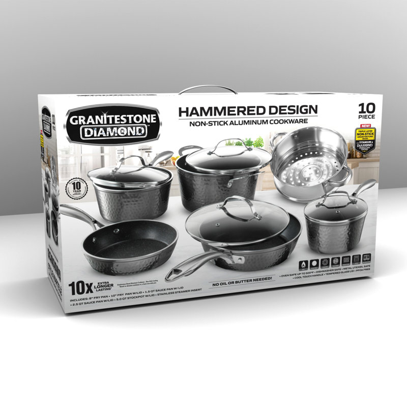 Granitestone Hammered 10 Piece Aluminum Nonstick Cookware Set with Stay Cool Handles, Black