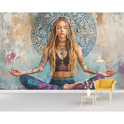 Boho Hippie Girl Meditation Wallpaper, Tattooed Woman In Lotus Pose With Mandala Background, Artistic Mindfulness Design For Spiritual Room Or Wellness Area