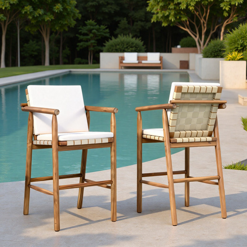Set Of 2 Outdoor Bar Stools Chair With Backrest Arm And Webbing Seat