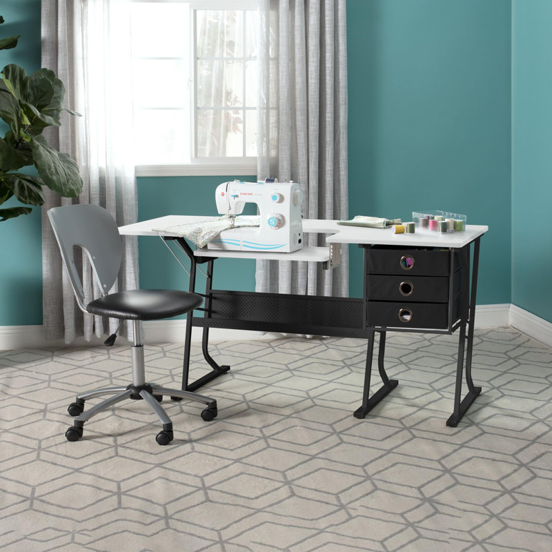 Sewing Table With Storage Drawers And Large Lower Shelf, Black And White, 24"D X 60"W X 29"H
