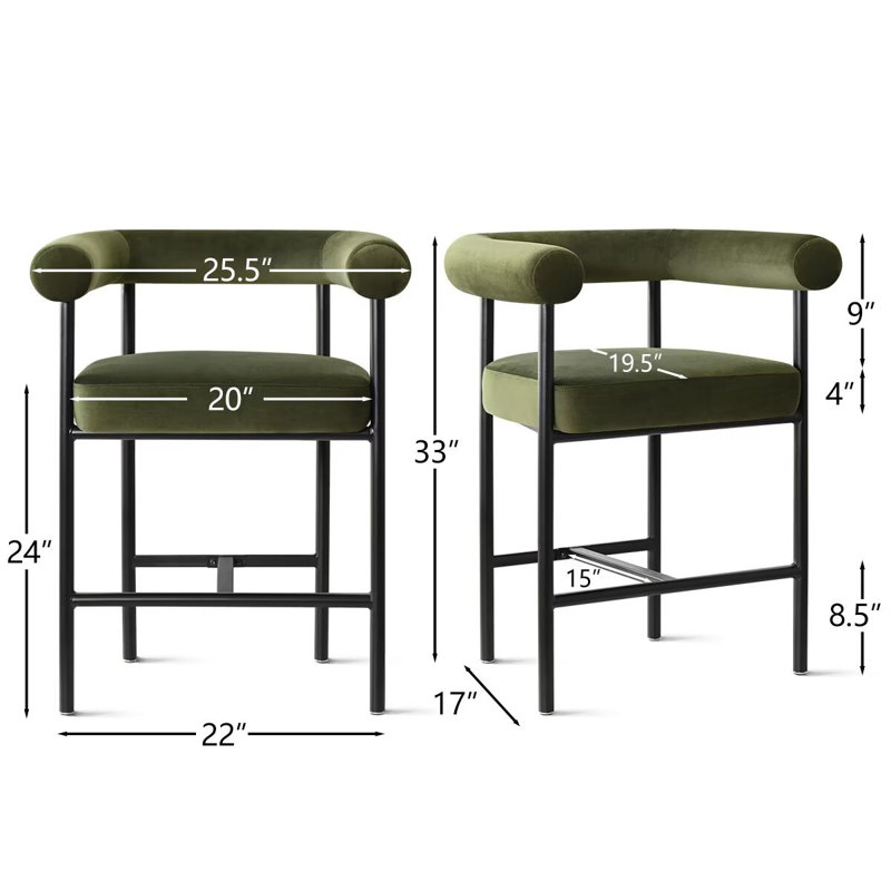 Modern 24" Upholstered Velvet Solid Back Counter Stool with Arms (Set of 2), Green