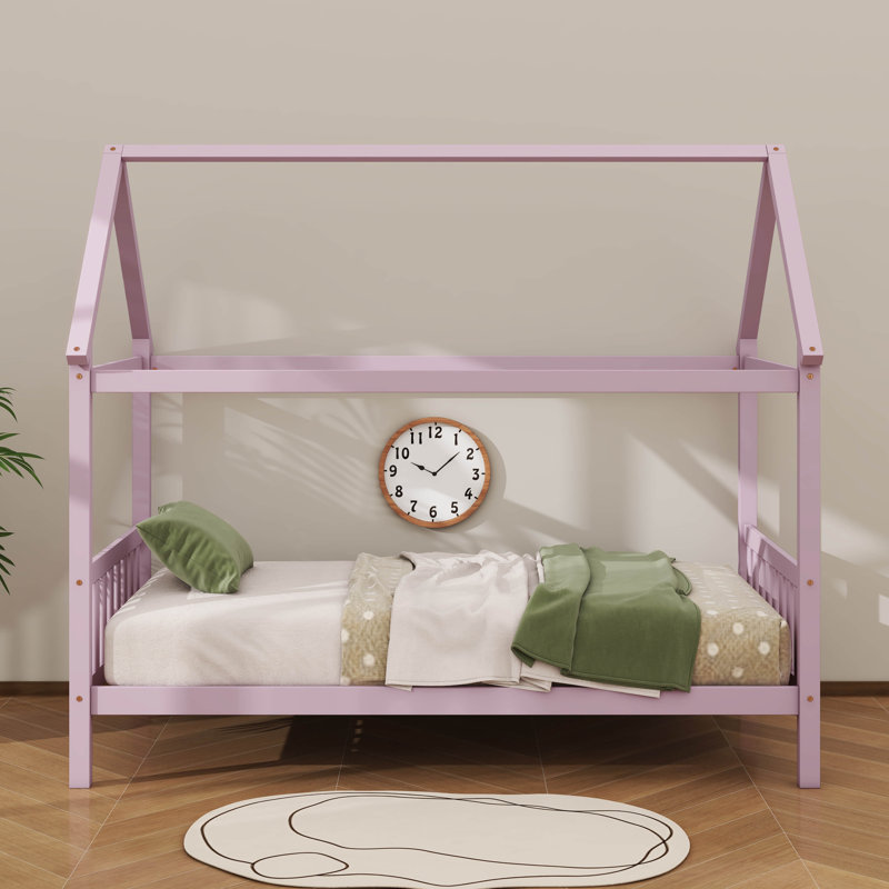 Lit simple pour enfant en forme de maison, Rose