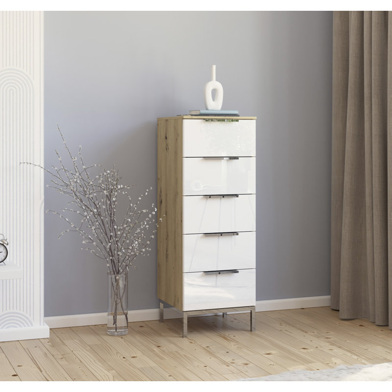Flipp 5 - Drawer Chest of Drawers, Artisan Oak/White Glass/Chrome