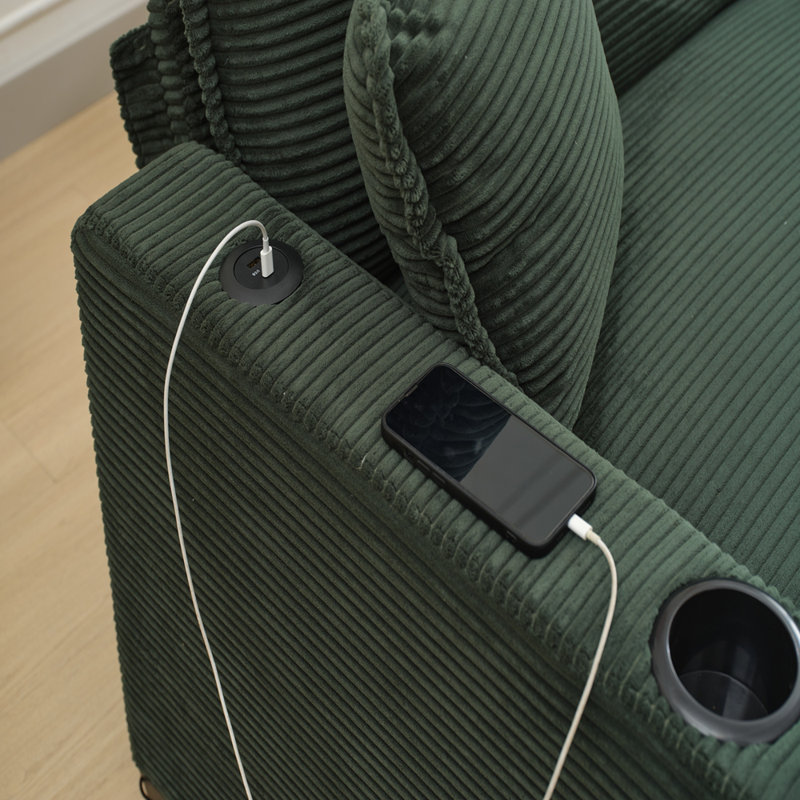 Canapé en forme de L avec port USB et porte-gobelet, canapé à 2 places en velours côtelé avec 1 repose-pieds, Vert
