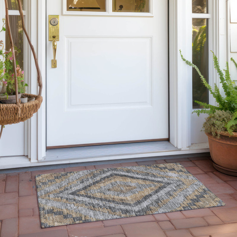 Machine Washable Indoor/Outdoor Xhevrie Khaki Rug, Rectangle 1'8" x 2'6"