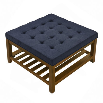 Upholstered  34.25"Square Coffee Table with Beech Wood Shelf and Frame