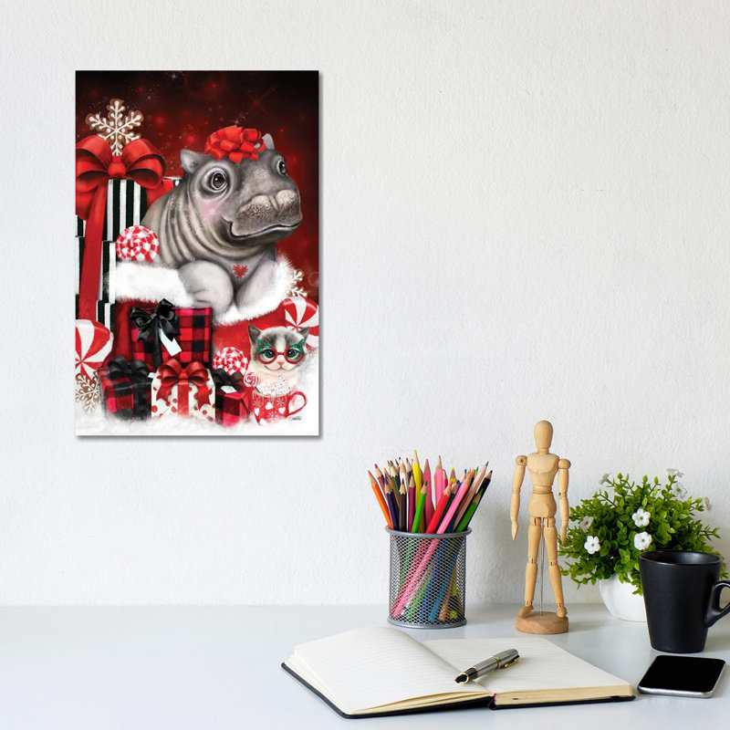 «Cute Hippo Christmas Surprise», reproduction d'art sur toile tendue