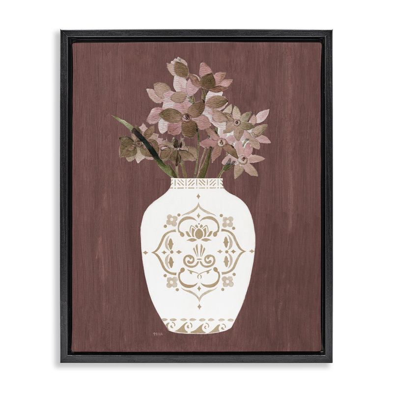  «Ornate Boho Vase», art mural encadré sur toile flottante par Janet Tava, Cadre flottant noir de jais, H 21 po x l 17 po