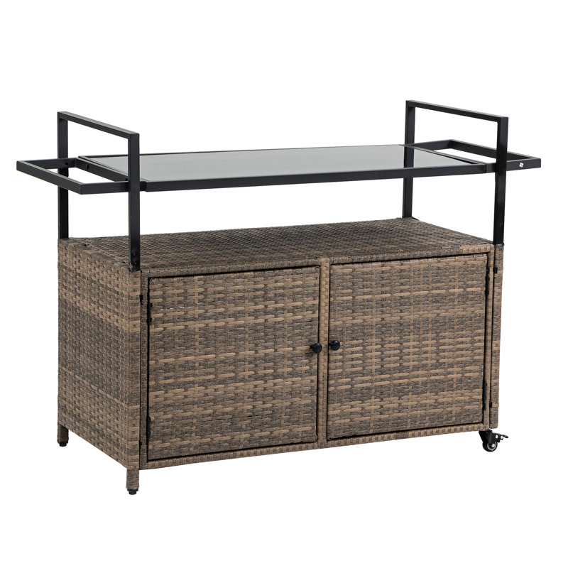 Outdoor Food Cart With Smooth Wheels And Glass Tabletop - Brown For Patio Backyard Beverage Storage Top Poolside