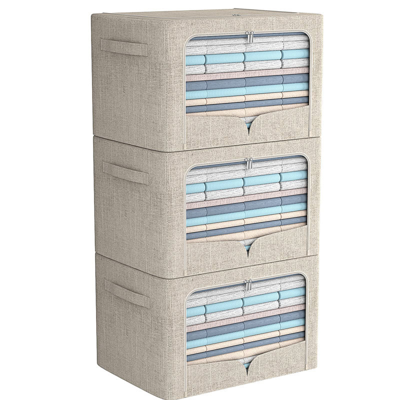 Beige Foldable Fabric Storage Bins with Clear Window, Set of 3