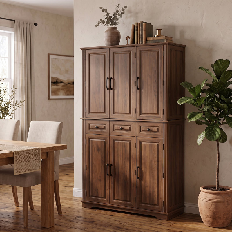 Armoire de cuisine de 183 cm de haut, meuble autoportant, style campagnard avec texture en relief, 3 plateaux coulissants et 6 étagères de porte pour la cuisine et la salle à manger.