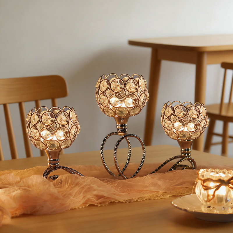 Elegant 3-Arm Crystal Tea Light Candle Holder Set, Metal And Crystal Centerpiece For Wedding Table, Christmas, Living Room, And Party Decorations