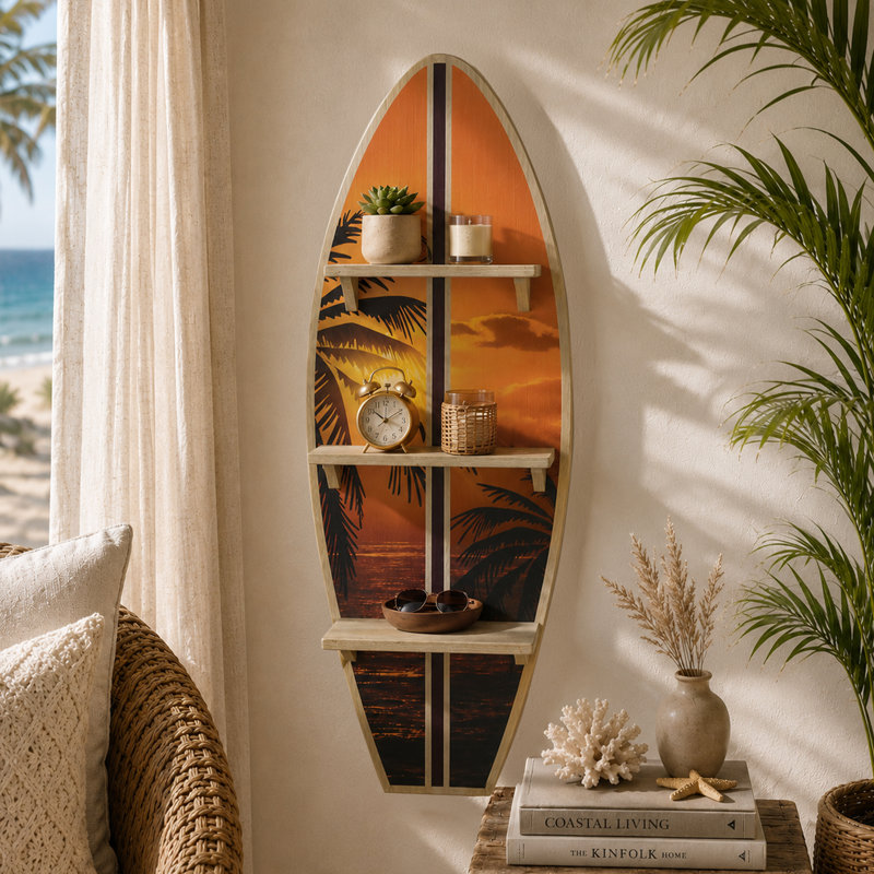 Étagère murale en bois à 3 niveaux, motif de planche de surf coucher de soleil hawaïen (33 x 89 cm), décoration murale tropicale avec palmiers et coucher de soleil sur l'océan. Parfait pour la chambre, le salon, le bureau, l'entrée ou la salle de méditation.